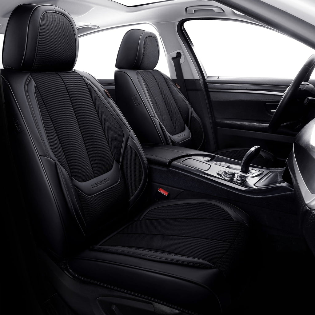 Coverado Front Seat Covers 6 Pieces,Breathable Fabric&Leather Car Seat Protectors,Universal Auto Accessories Compatible with Most Sedans SUV Pick-up Truck,Black