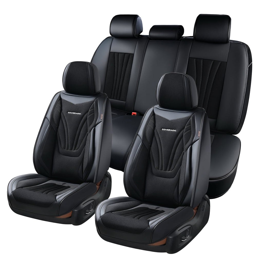 Coverado Seat Cover Full Set, Front and Back Car Seat Protectors, 5 Seats Car Seat Cushions, Breathable Magna Fabric Leather, Universal Fit for Most Cars, SUVs and Trucks, Black