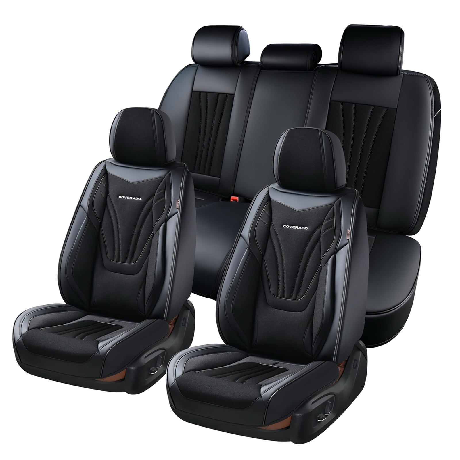 Coverado Seat Cover Full Set, Front and Back Car Seat Protectors, 5 Seats Car Seat Cushions, Breathable Magna Fabric Leather, Universal Fit for Most Cars, SUVs and Trucks, Black