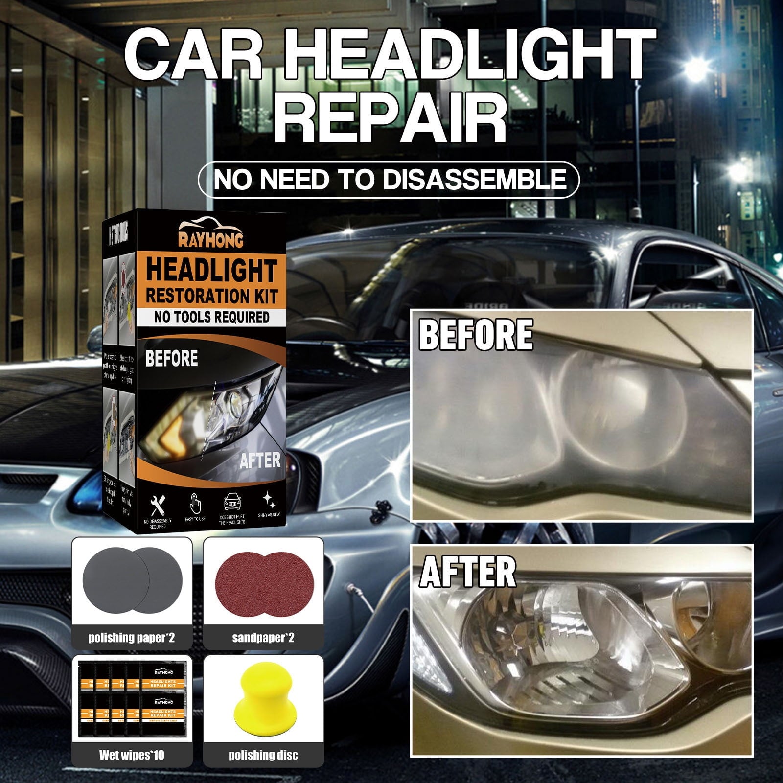 Cuhas Car Headlight Restoration Kit, Car Headlight Cleaner Wipes, Headlights Lens Restoration Cleaner DIY Polish Sanding Discs