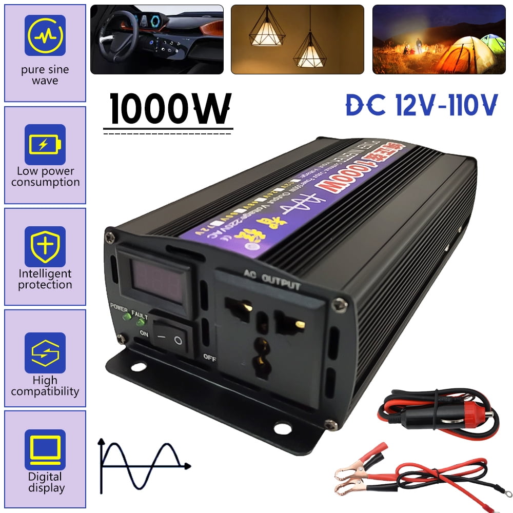 DFITO Car Power Inverter 1000W DC 12V to AC 110V Pure Sine Wave Solar Converter LCD