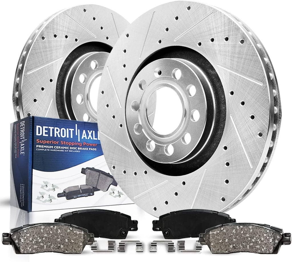 Detroit Axle - Front Brake Kit for Volkswagen Passat Tiguan Audi Q3 Quattro Drilled & Slotted Rotors Ceramic Brakes Pads Replacement - [12.28" Rotors]