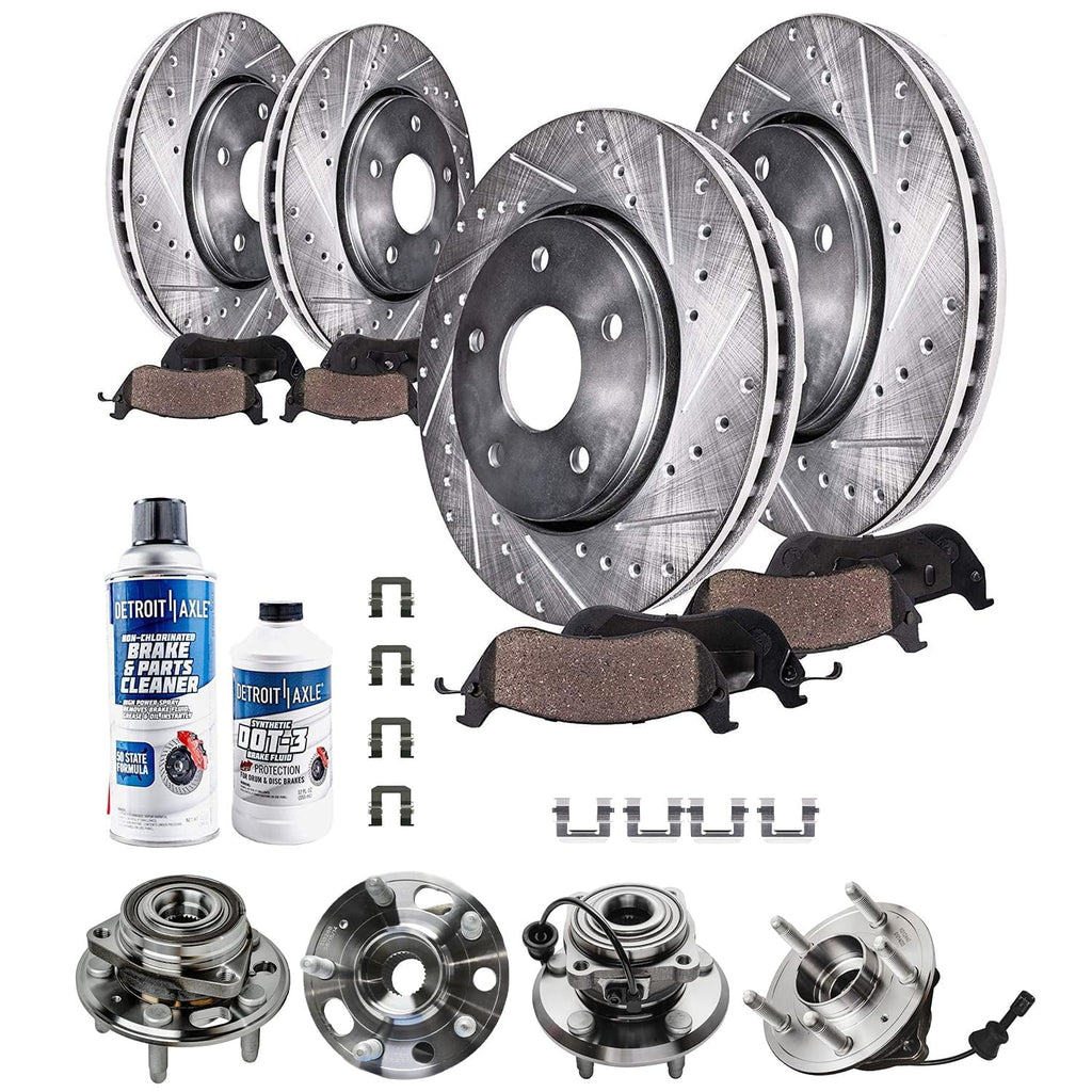 Detroit Axle - Front Rear Drilled & Slotted Disc Brake Rotor Pad + Wheel Bearing and Hub Assembly Replacement for 2010-2016 Chevy Equinox GMC Terrian - 14pc Set