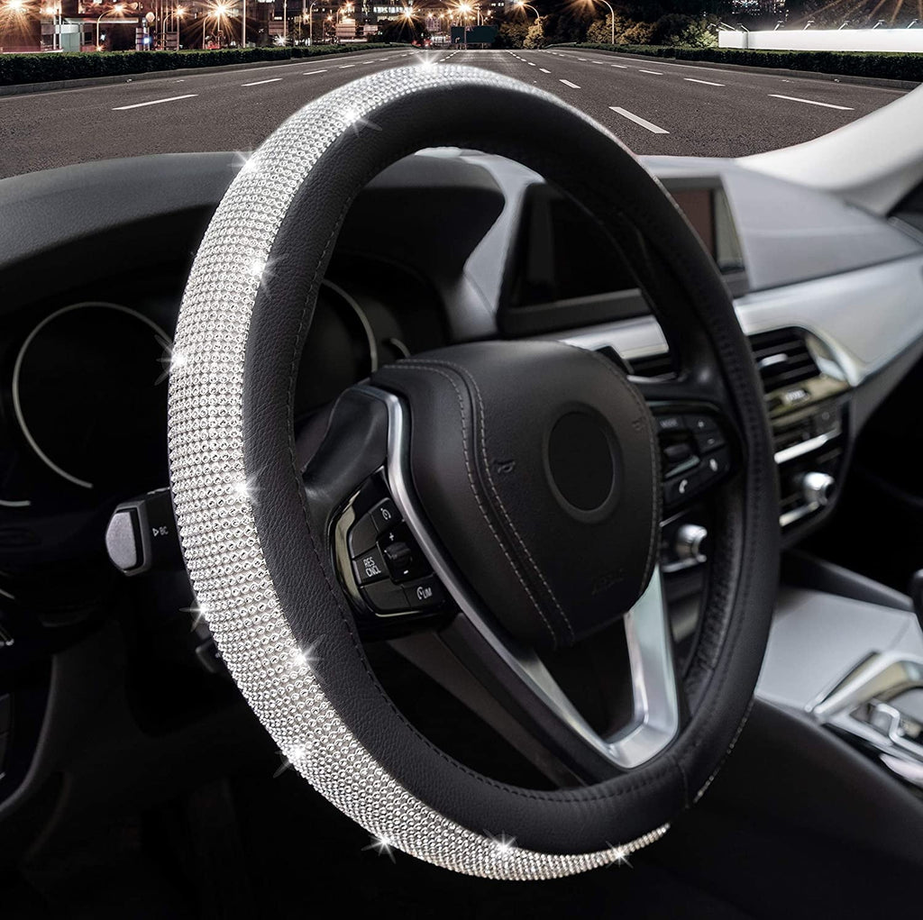 Diamond Leather Steering Wheel Cover Bling Bling Crystal Rhinestones, Universal Fit 15 Inch Car Wheel Protector for Women Girls