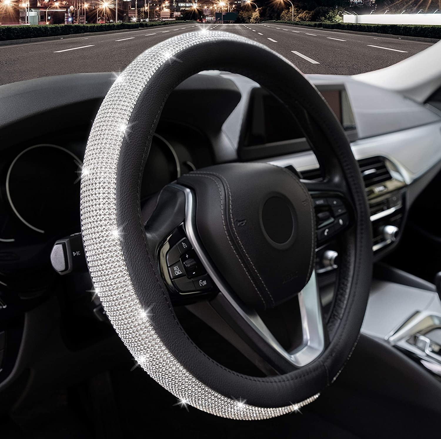 Diamond Leather Steering Wheel Cover Bling Bling Crystal Rhinestones, Universal Fit 15 Inch Car Wheel Protector for Women Girls