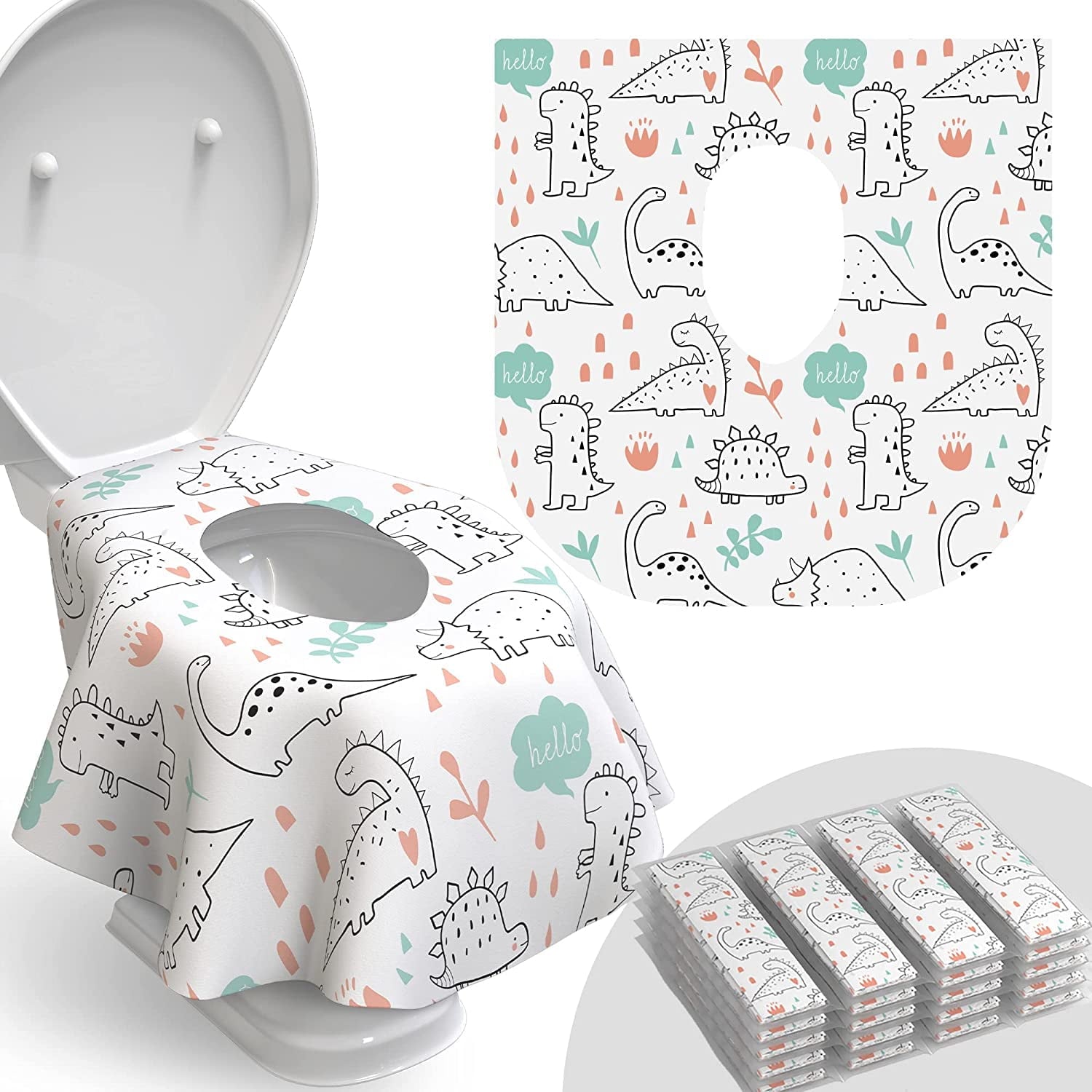 Disposable Toilet Seat Covers for Toddlers and Adults,Scheam 20 Pcs Extra Large Individually Wrapped Dinosaur Paper Potty Training Liners for Kids, Portablewith Non-Slip Adhesives, Potty Shield,Unisex