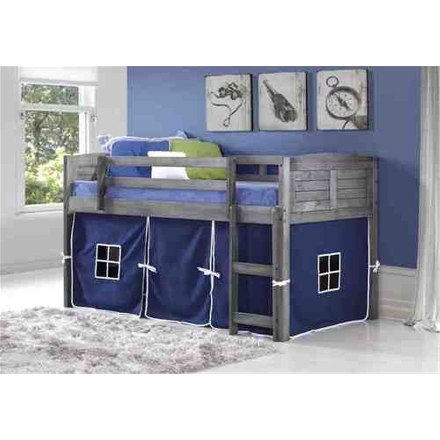 Donco Kids Louver Loft Beds, Antique Grey, Blue-Tent