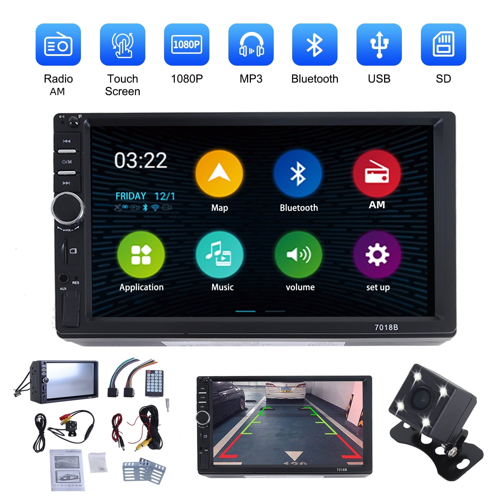 Double DIN Car Stereo Radio, 7" HD Car MP5 Player, Digital Display Touch Screen, Bluetooth 4.2/ MP5 Player, Car Radio with Bluetooth, 4 LED Rearview Camera