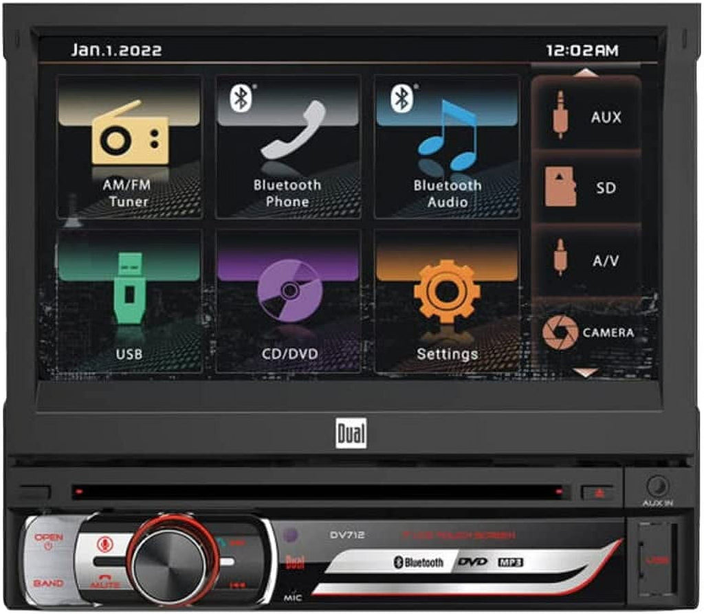 Dual DV712 7 inch Single DIN Car Stereo Radio | Multimedia Touch Screen | Siri/Google Voice Assist | Bluetooth | CD/DVD | USB and microSD Inputs