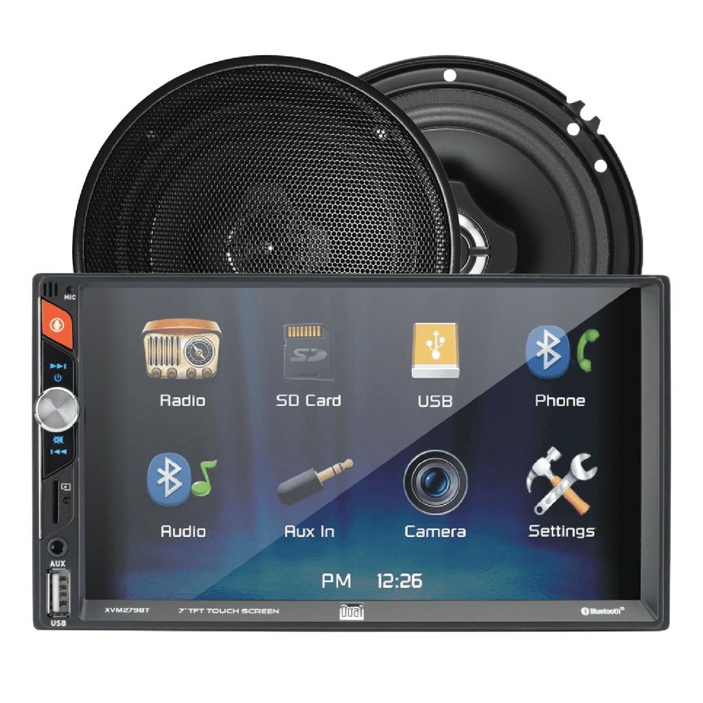 Dual Electronics 7" Double DIN Car Stereo BUNDLE with 6.5" 2-Way Speakers.  200W, LED Touch Screen, Bluetooth Connectivity, New