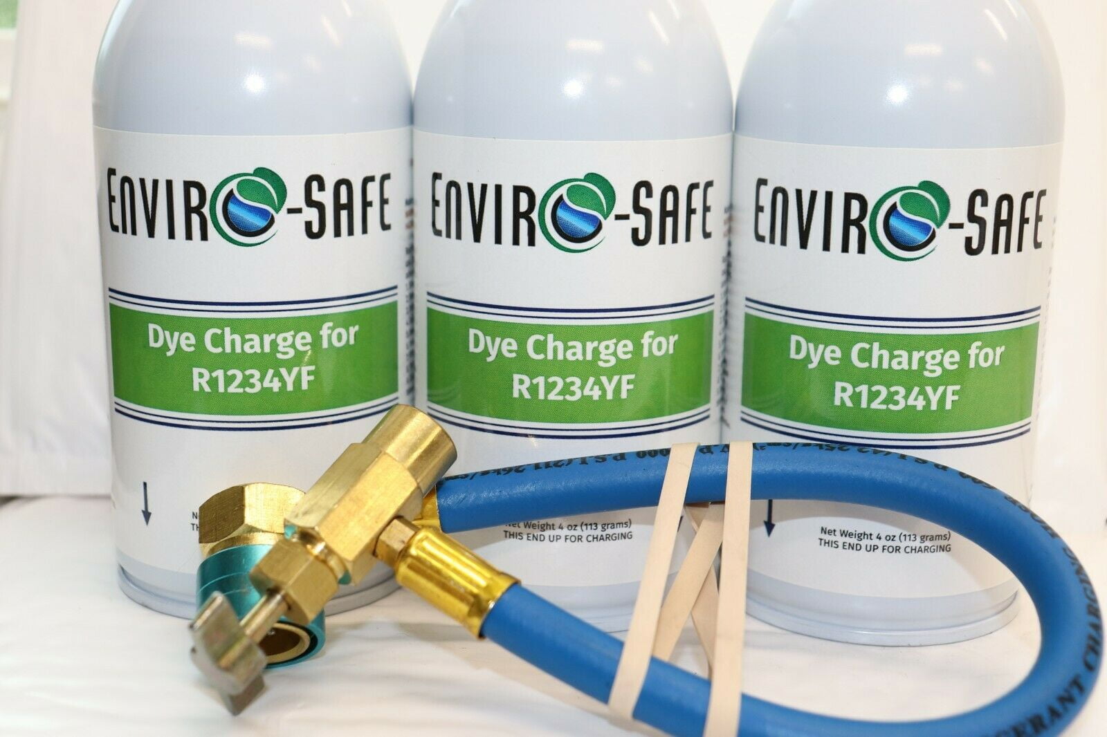 Dye Charge and Brass Charging Hose for Automotive R1234YF, R-1234YF, R1234 (3 cans and hose) Auto Refrigerant Support