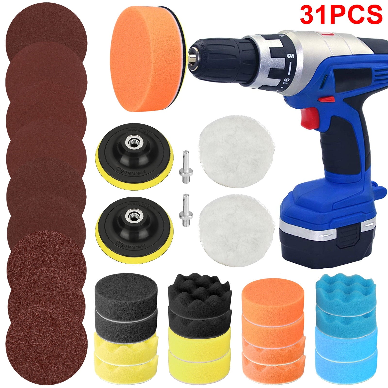 EEEkit 31pcs Car Polishing Sponge Pad Kit, Buffing and Polishing Kit with Waffle Foam,  Wool Grip Pads,  Backing Plates,  Drill Adapter,  Sanding Papers, Threaded Polisher Grip