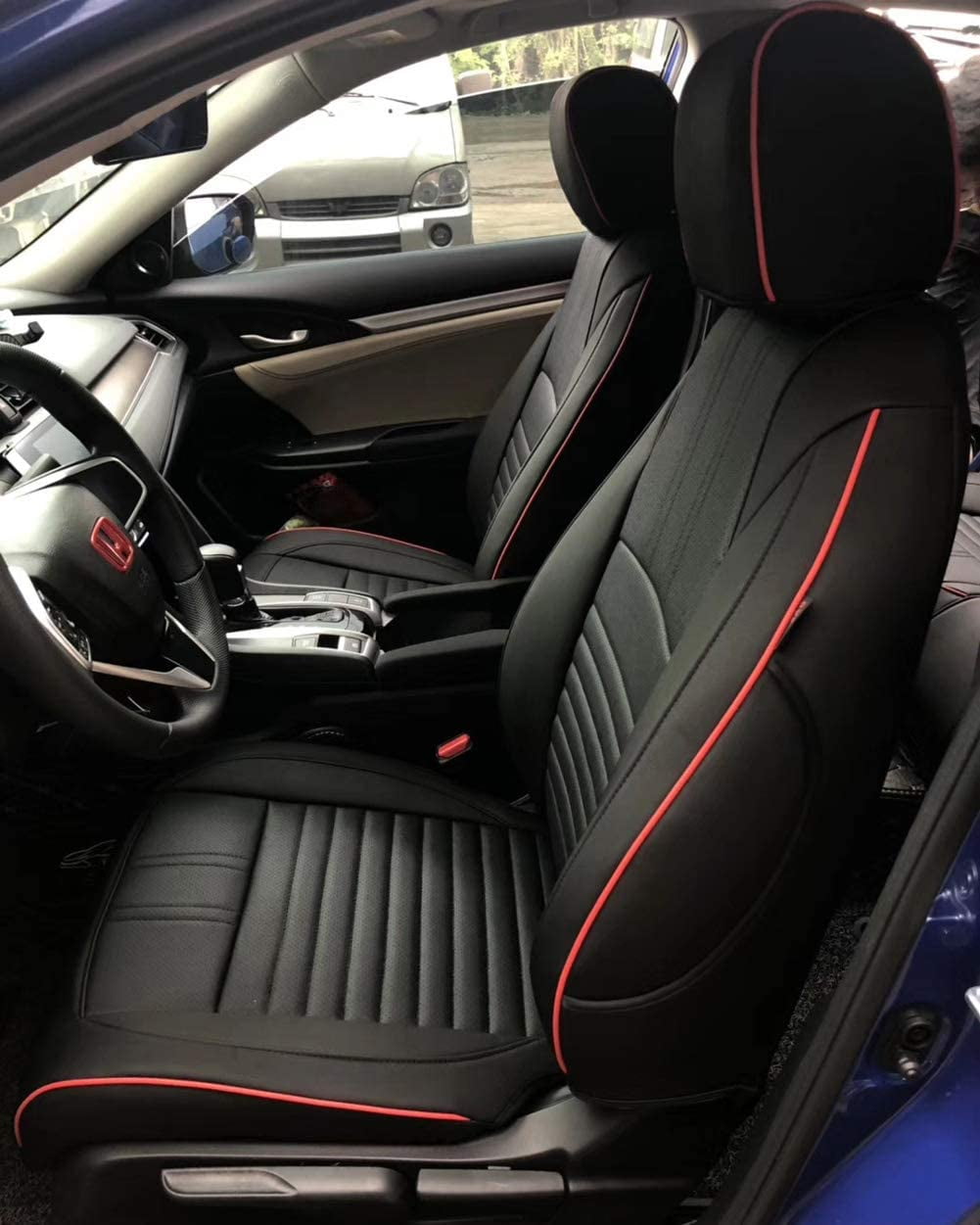 EKR Custom Car Seat Covers Auto Seat Covers for Select Honda Civic Hatchback EX,Sport Touring,EX-L 2016 2017 2018 2019 2020 2021 - Leatherette (Black with Red Trim)