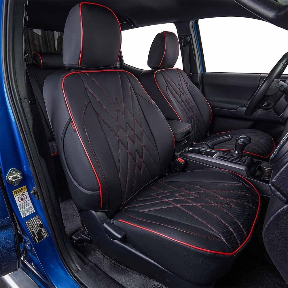 EKR Custom Fit Tacoma Leather Car Seat Covers for Toyota Tacoma 2016 2017 2018 2019 2020 2021 2022 2023 /Double Cab - Full Set,Leather(Black with Red Trim)