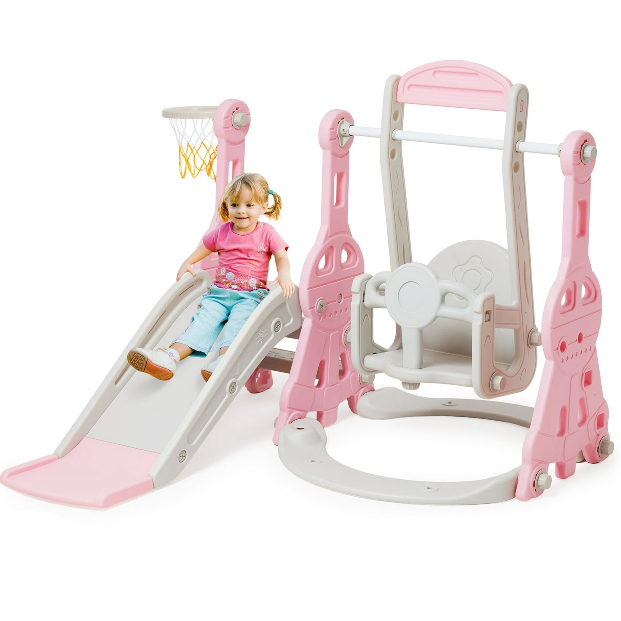 Ealing   4 in 1  Slide and Swing Set for Toddler  Indoor and Outdoor Baby Slide Climber Playset  with Basketball Hoop &  Backyard Playground Swing Slide for Boys and Girl Slide length: 11.02' L Pink
