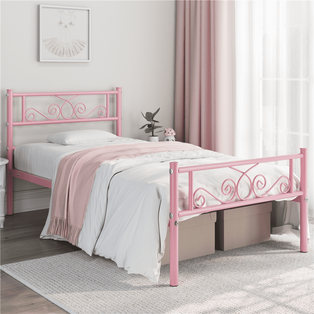 Easyfashion Jocelyn Modern Graceful Scroll Metal Platform Twin Bed,Pink