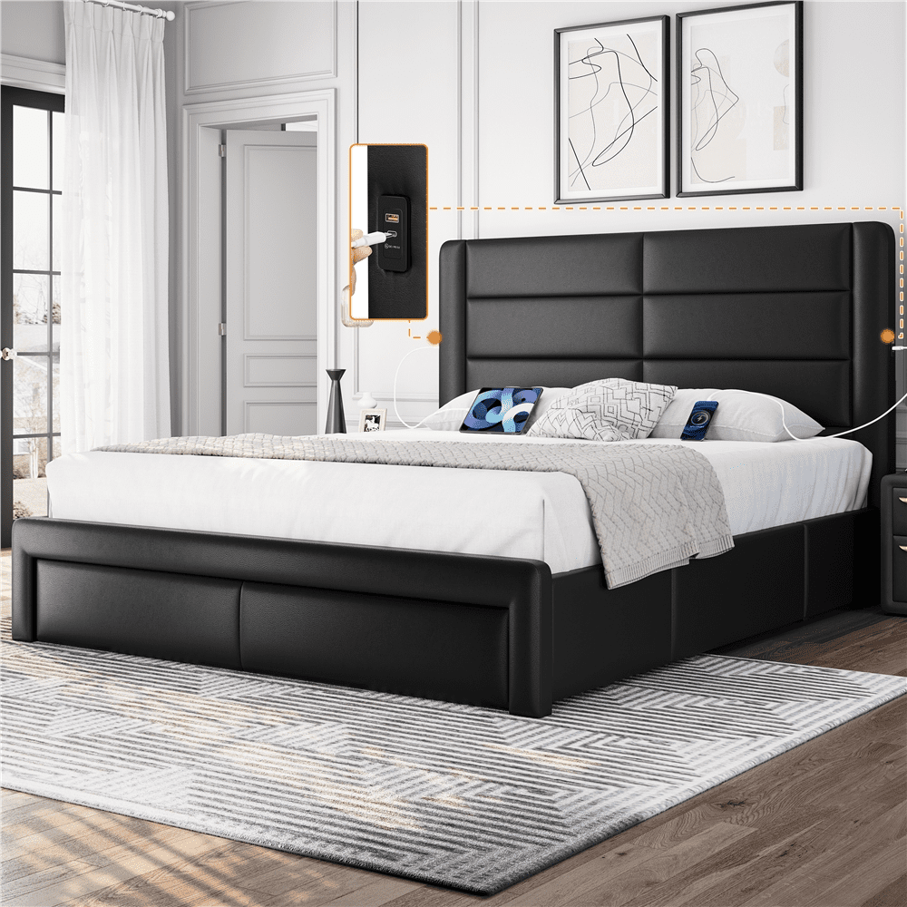 Easyfashion Upholstered Platform Queen Bed with 3 Storage Drawers and Built-in USB Ports, Black