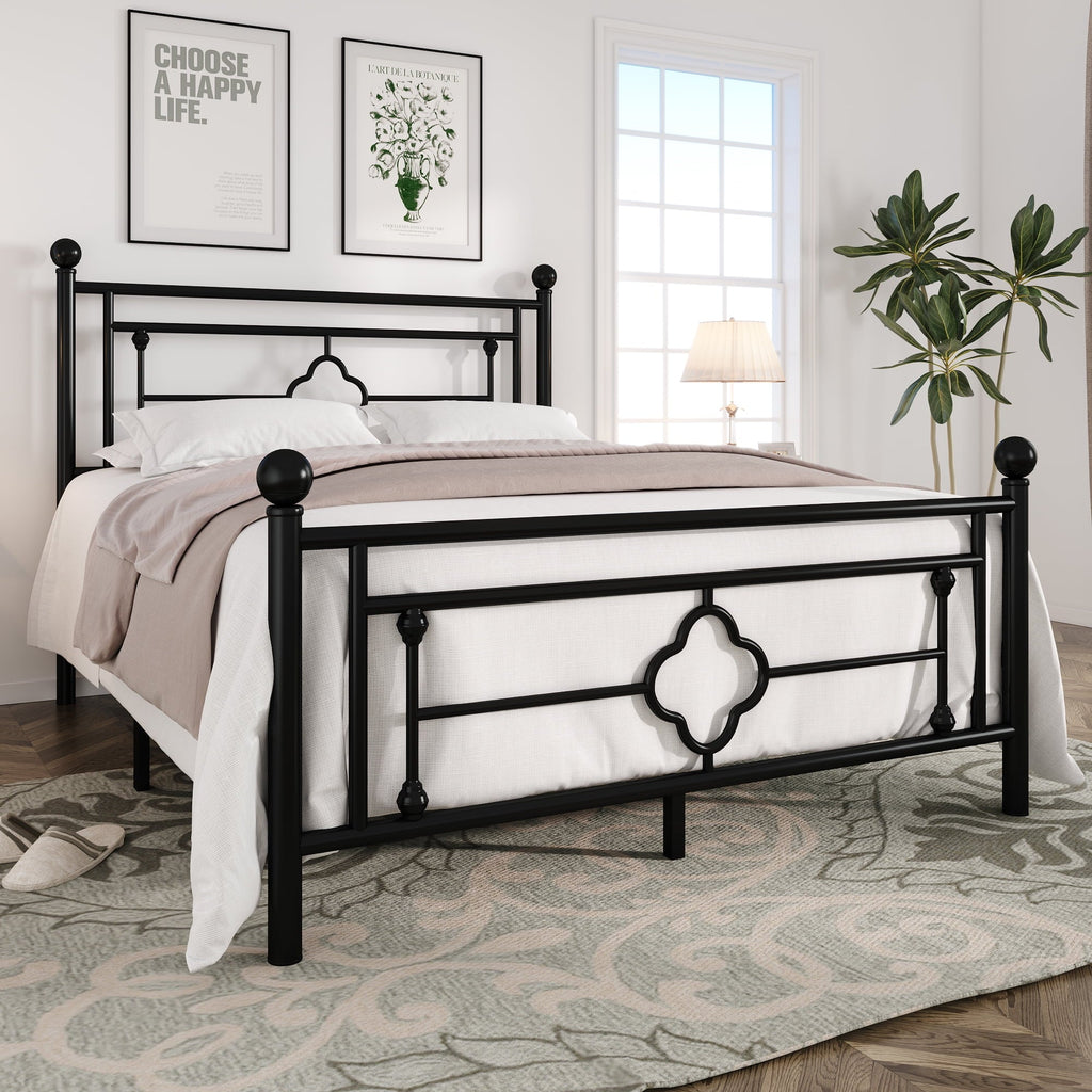 Einfach Queen Size Heavy Metal Bed with Vintage Headboard Pattern, Black
