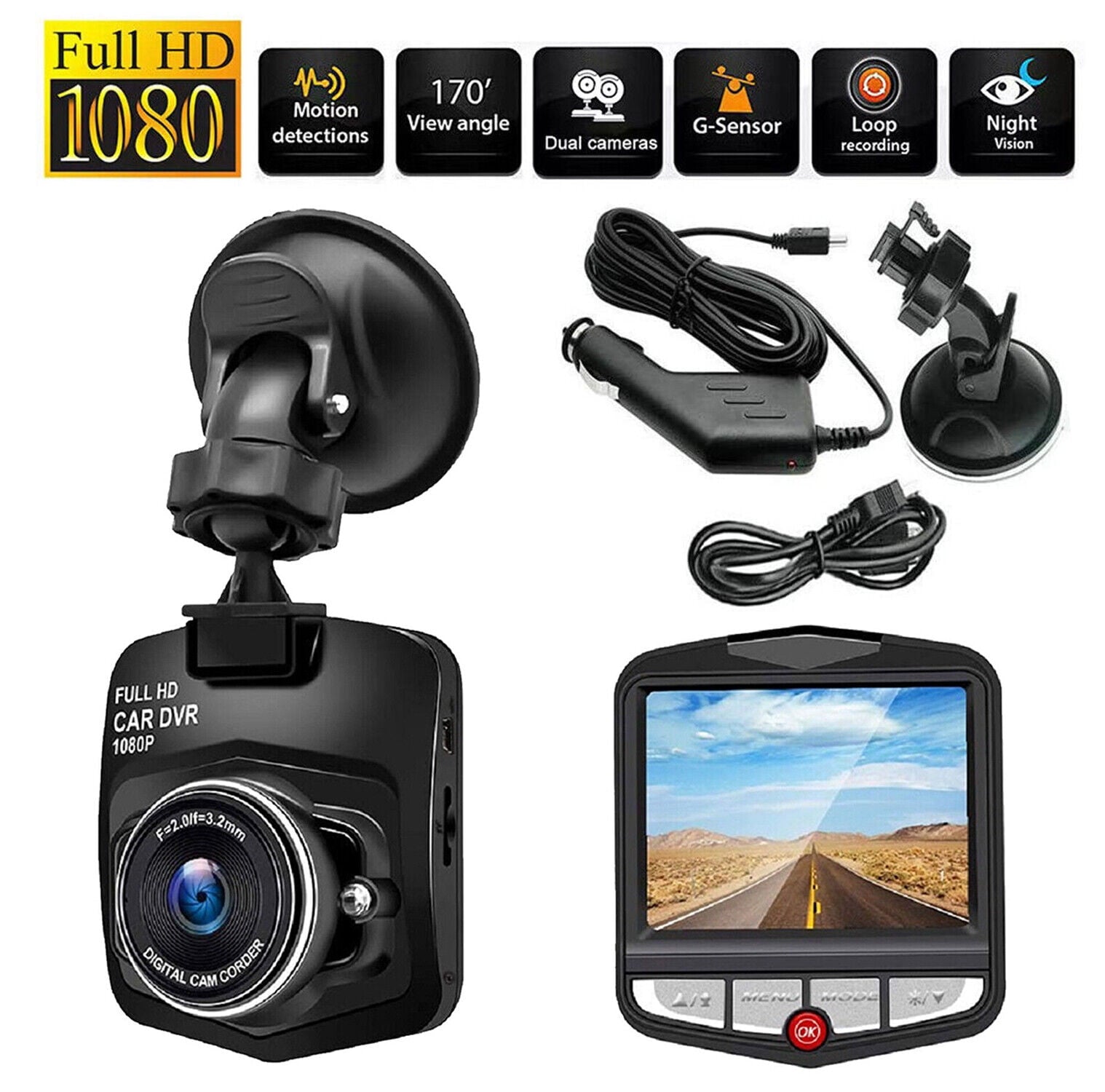 Elegant Choise Dash Cams Front Car Camera with Night Vision G-Sensor 1080P 2.4", Black