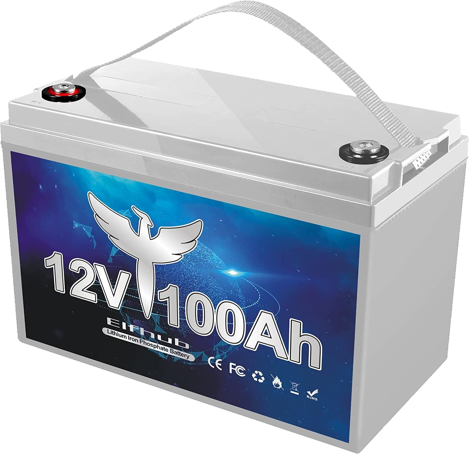 Elfhub 12V 100Ah Lithium Battery, 1280Wh LiFePO4 Battery with 100A BMS, Over 5000+ Rechargeable Cycles. Perfect for RV/Camper, Solar, Off-Grid, Boat, Marine, Trolling Motor, Road-Trip.Support 4S/8P