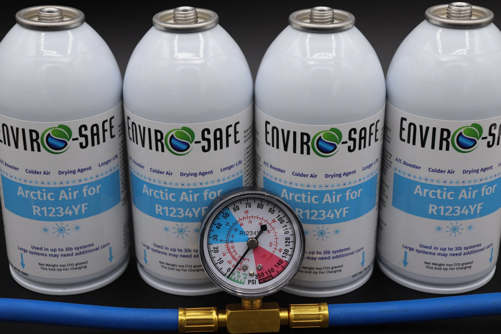 Envirosafe Arctic air for R-1234YF, R1234, r1234yf Refrigerant Support, 4 cans and a gauge