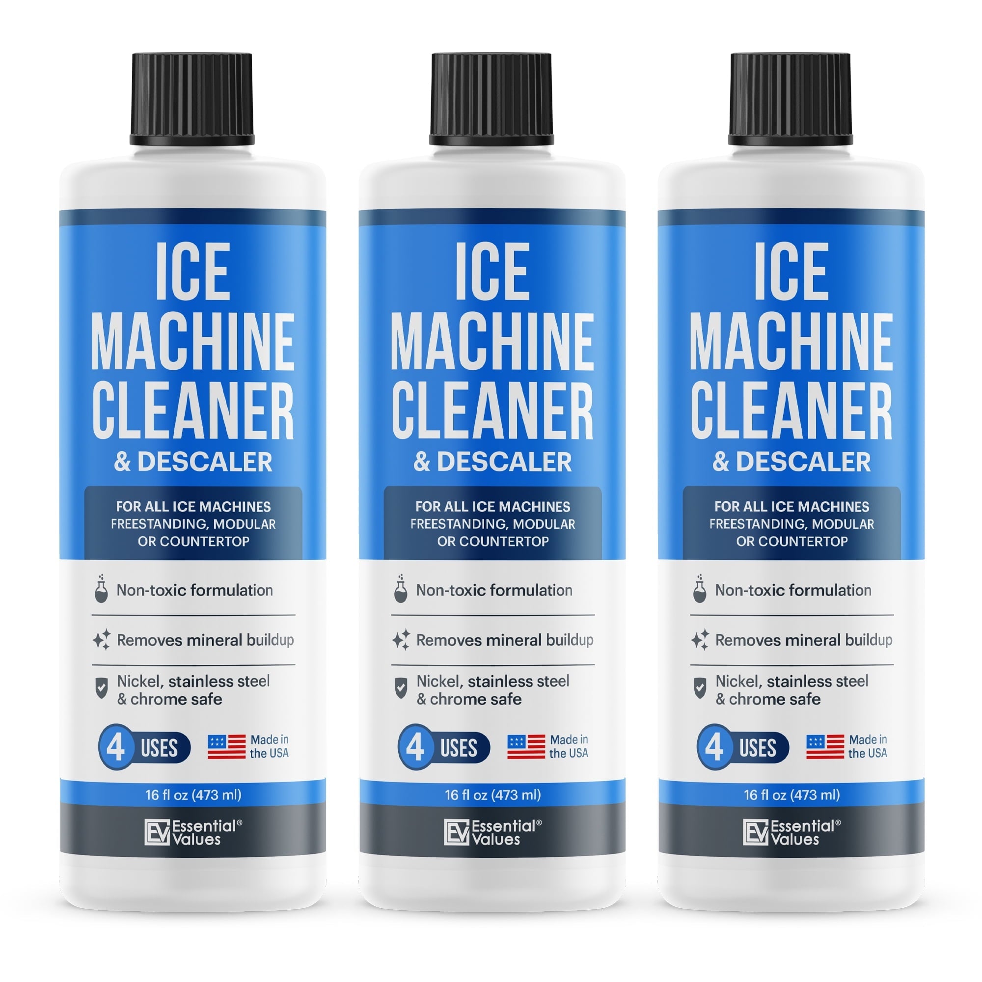 Essential Values 3-Pack Ice Machine Cleaner and Descaler,16 fl oz Compatible Ice Maker & Nickel Safe Descaler