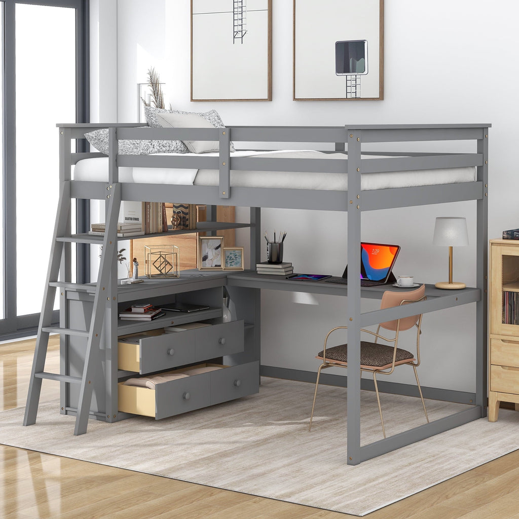 Euroco Full Size Wood Loft Bed with Desk, Shelves and Cabinets for Kids Room, Incline Ladder and 3 Drawers, Gray
