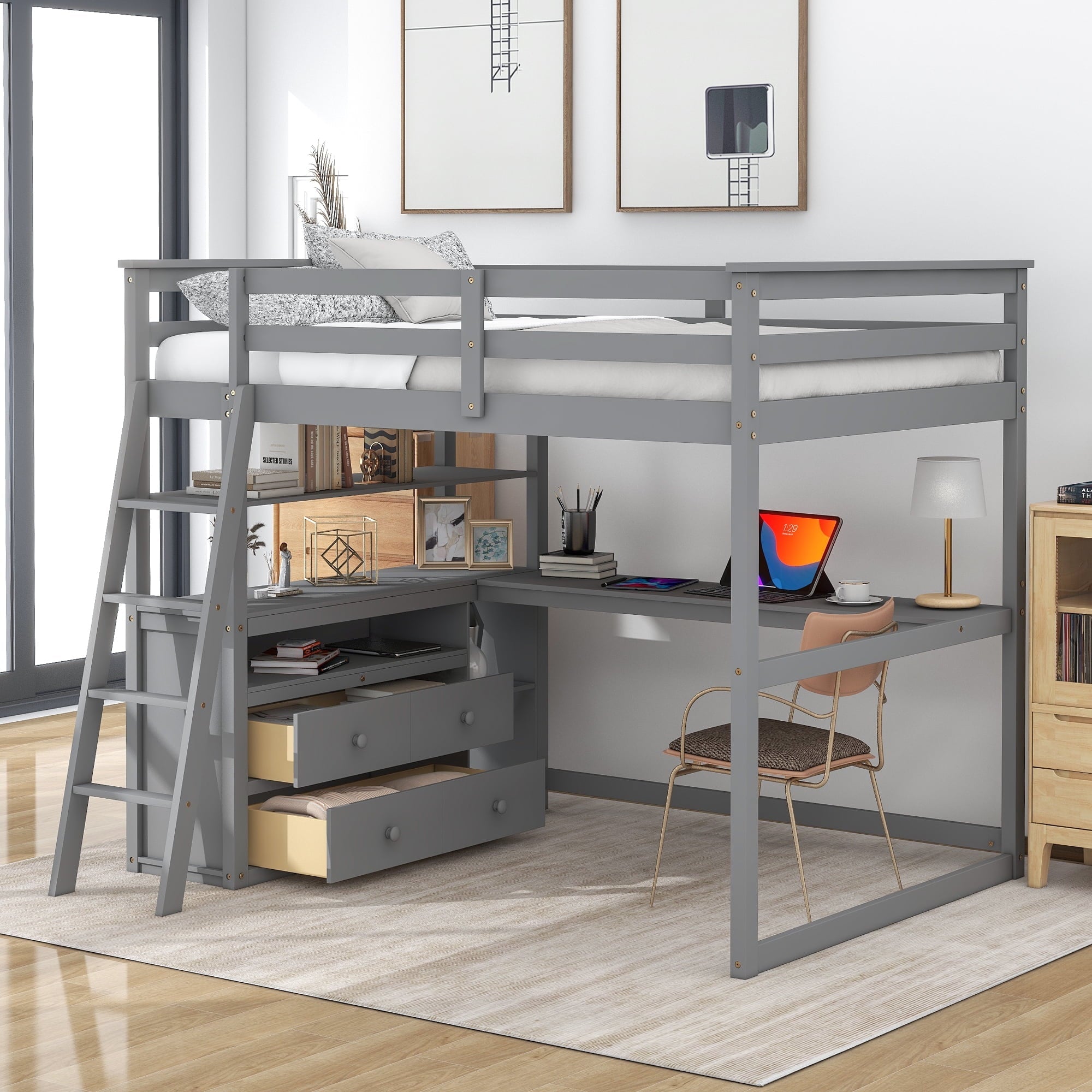 Euroco Full Size Wood Loft Bed with Desk, Shelves and Cabinets for Kids Room, Incline Ladder and 3 Drawers, Gray