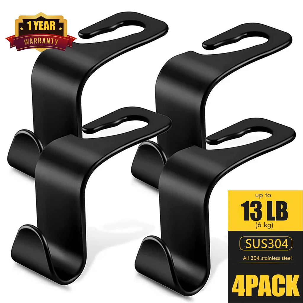 FVSA 4 Pack Seat Headrest Hooks for Car, Auto Seat Purse Holder Hangers Storage Organizer Interior Accessories, Stainless steel Car Hooks, Purse Hook for Coats, Umbrellas, Grocery, Bags, Handbag-Black