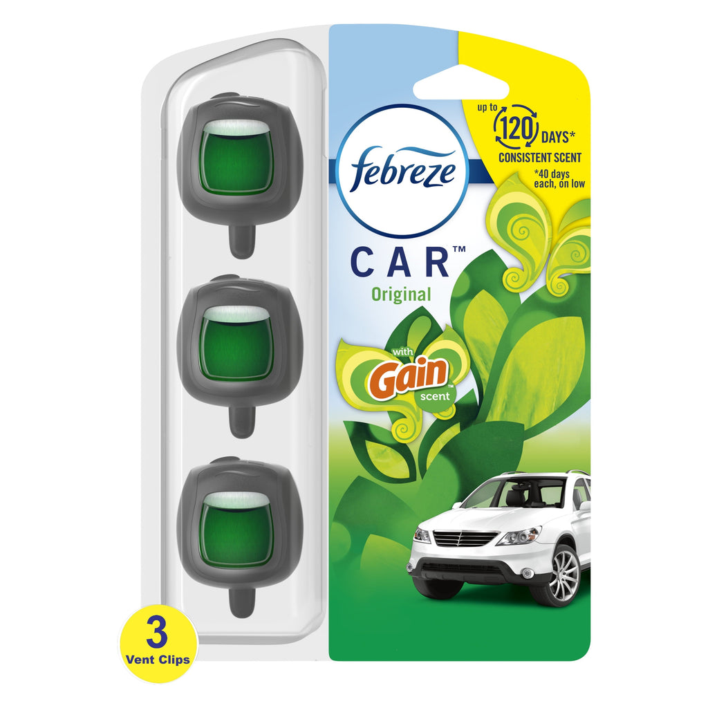Febreze Car Odor-Fighting Car Freshener Vent Clip Gain Original Scent, .06 oz, Pack of 3