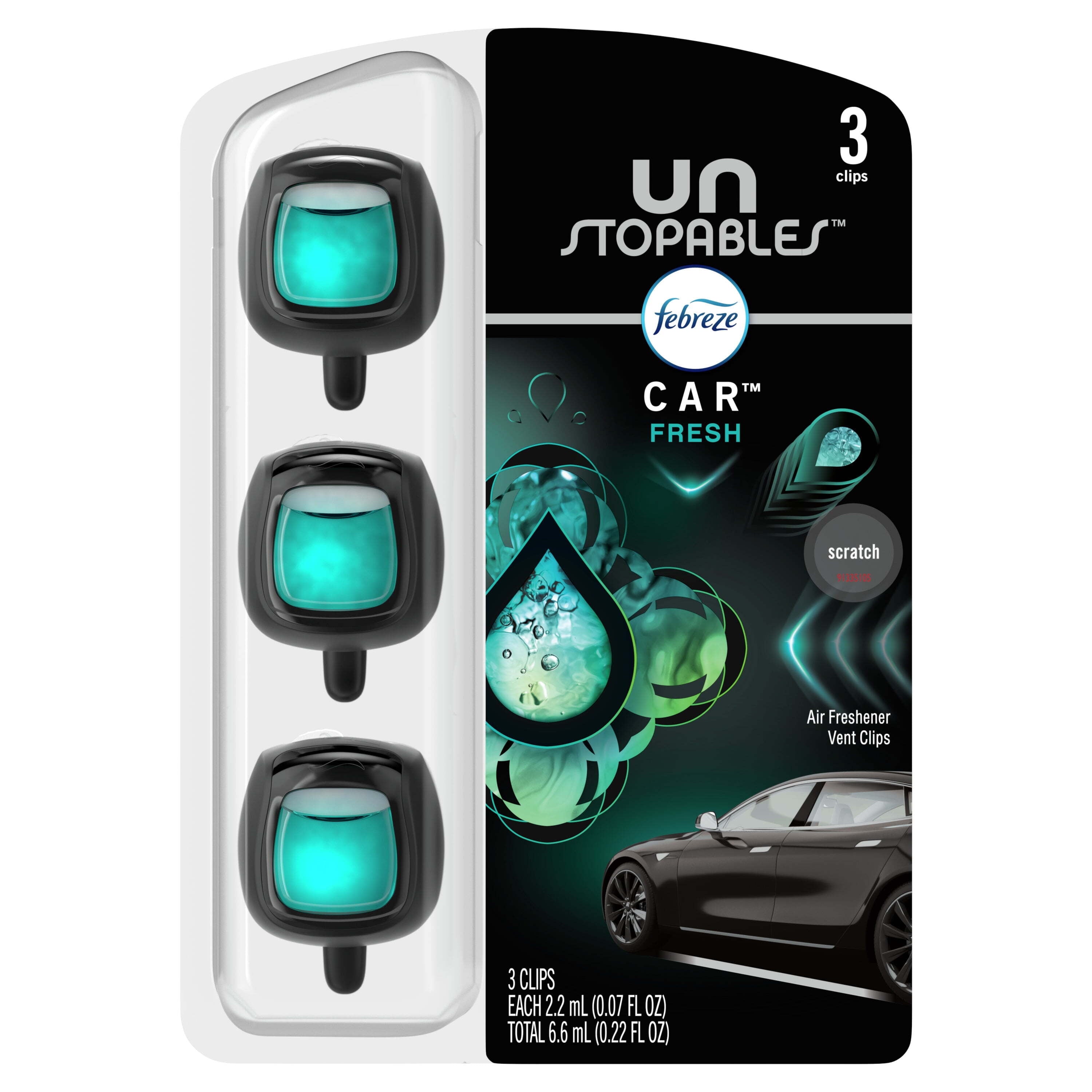 Febreze Unstopables Odor-Fighting Car Freshener Vent Clip Fresh, .07 fl oz., 3 Ct