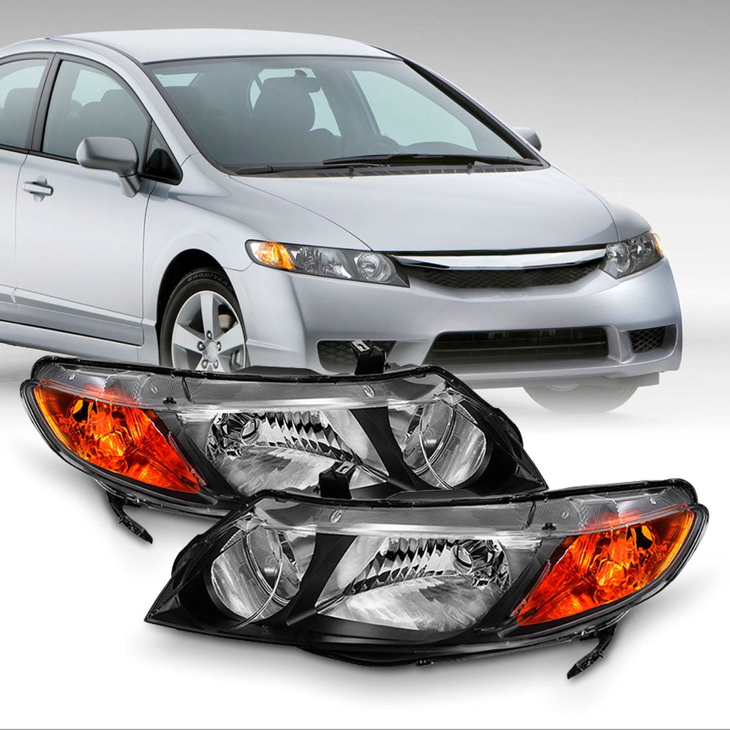 Fits Black 06-11 Honda Civic Sedan Headlights Lights Left +Right Pair 2006-2011