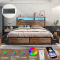 Full LED Bed Frame with Storage Headboard + 4 Drawers + Power Station, Industrial Metal Platform Bed, No Need Spring Box(Tan-Full)