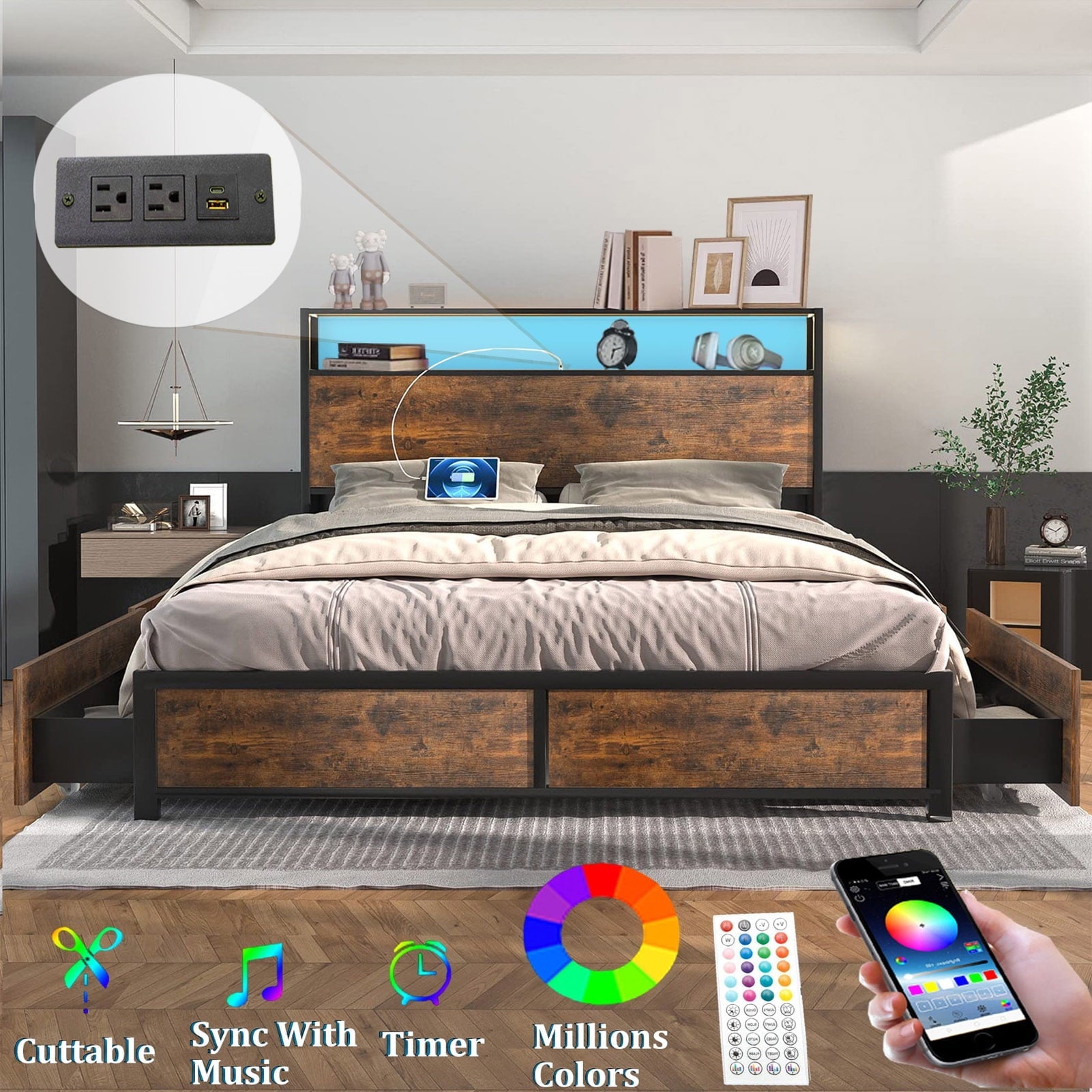 Full LED Bed Frame with Storage Headboard + 4 Drawers + Power Station, Industrial Metal Platform Bed, No Need Spring Box(Tan-Full)