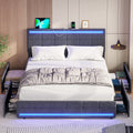 Full Size Bed Frame with 4 Storage Drawers, Platform Bed Frame with 2 USB Ports, Upholstered Bed with LED Headboard Footboard, Square Stitched Button Tufted Design, Dark Grey
