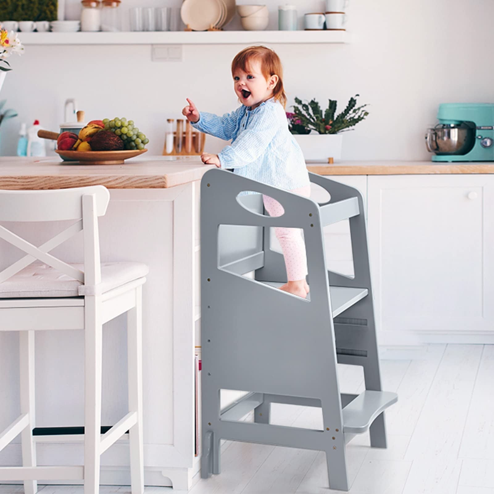 Furvclv Toddler Kitchen Stool Helper, Kids Kitchen Step Stool Baby Standing Tower Wood with Safety Rail, Child Montessori Stool for Kitchen Counter & Sink, Learning Tower for Toddlers 1-3