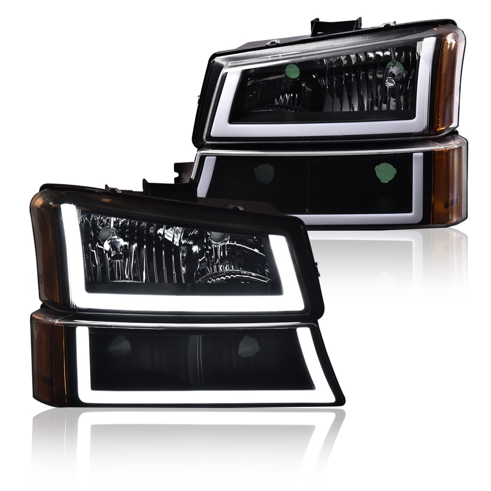 G-Plus LED DRL Headlights Fit for 2003-2006 Chevy Silverado Avalanche Clear lens Black Housing Amber Reflector