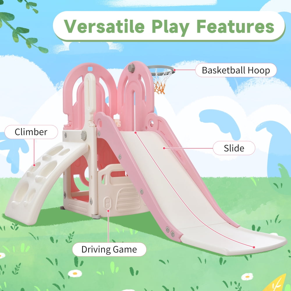 GERI 4 in 1 Toddler Climber and Slide Set with Basketball Hoop,Kids Climber & Bus Playhouse Slide Playse, Pink