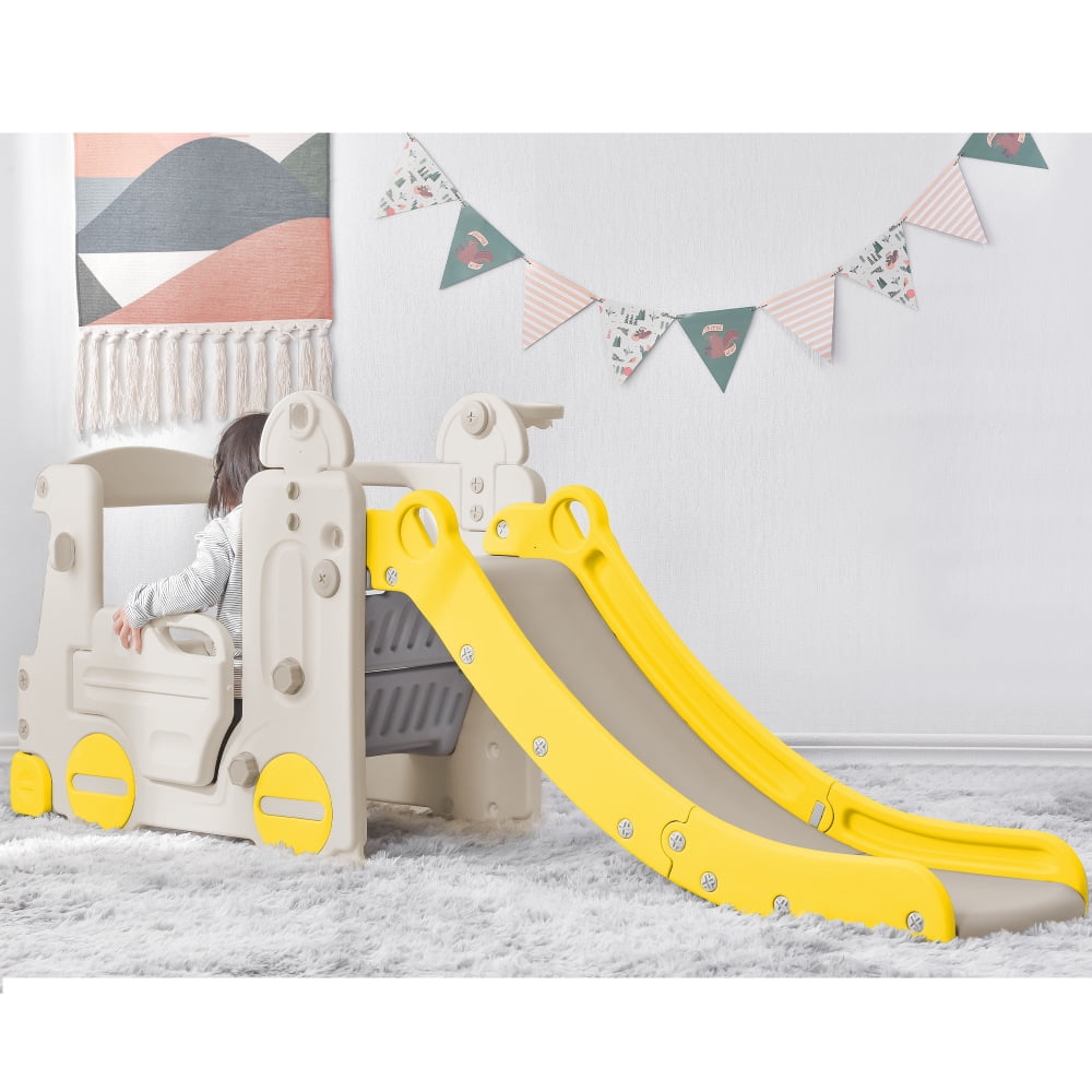 GERI Kids Slide with Bus Play Structure Climber, Freestanding Bus Climber with Slide for Toddlers, Bus Climber Slide Set with Basketball Hoop, Outdoor Playhouse for Toddlers, Yellow