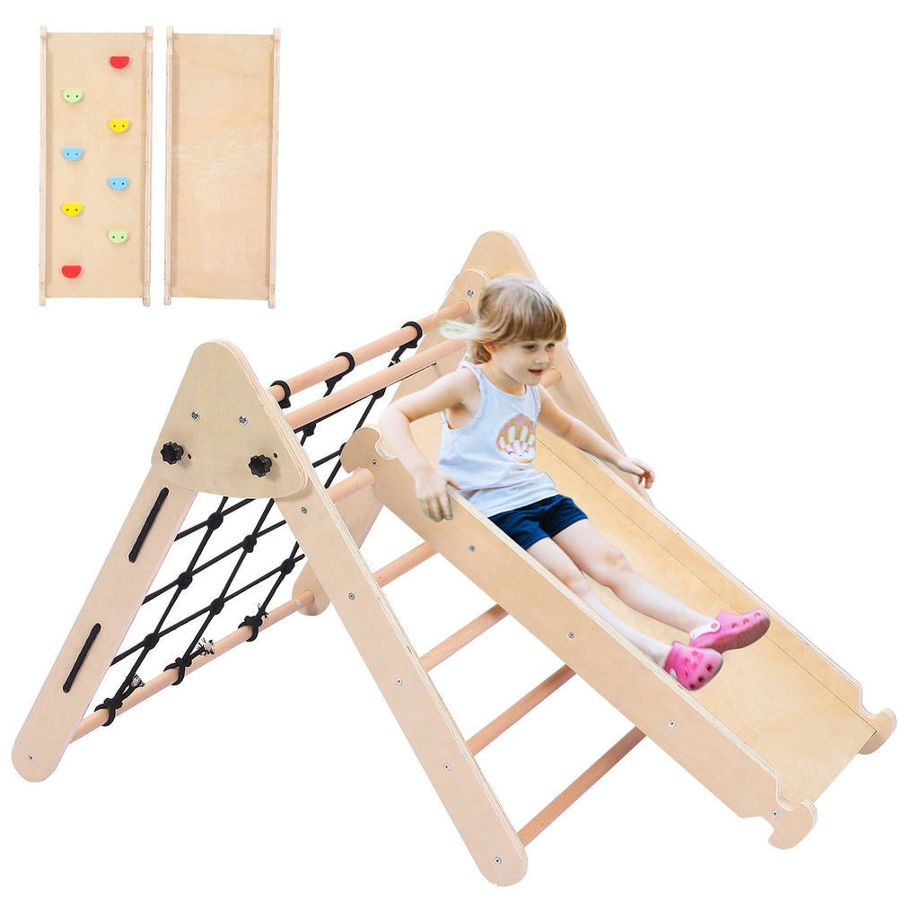 Garvee 2-in-1 Wooden Climbing Toys, Foldable Triangle Ladder Toy, with Ramp, Slide or Climb, Indoor Gym Playground Playset for Toddlers
