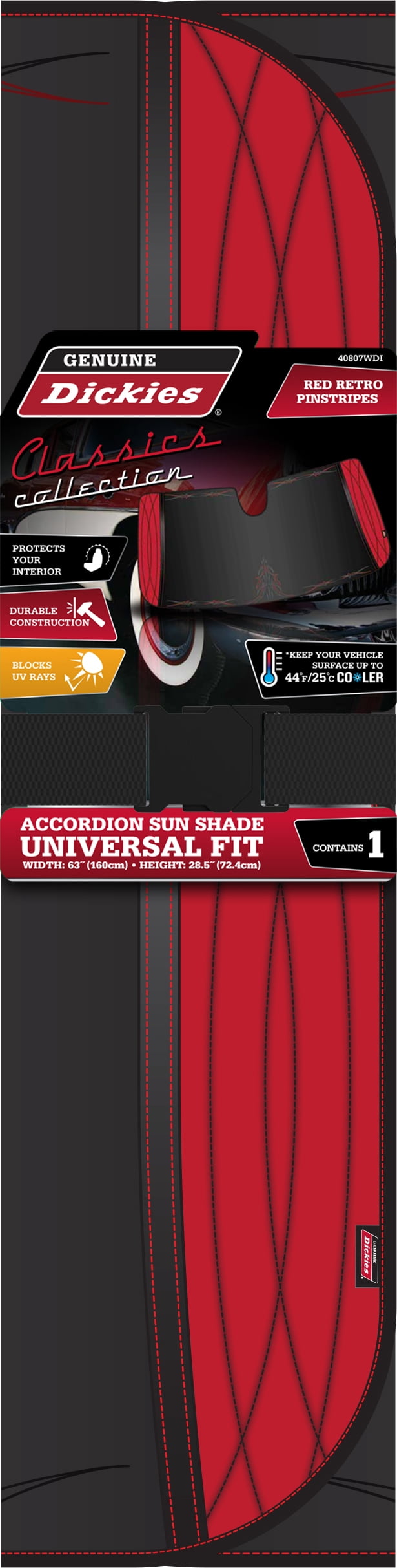 Genuine Dickies Classics Retro Pinstripes Accordion Auto Sunshade, Red, 40807WDI