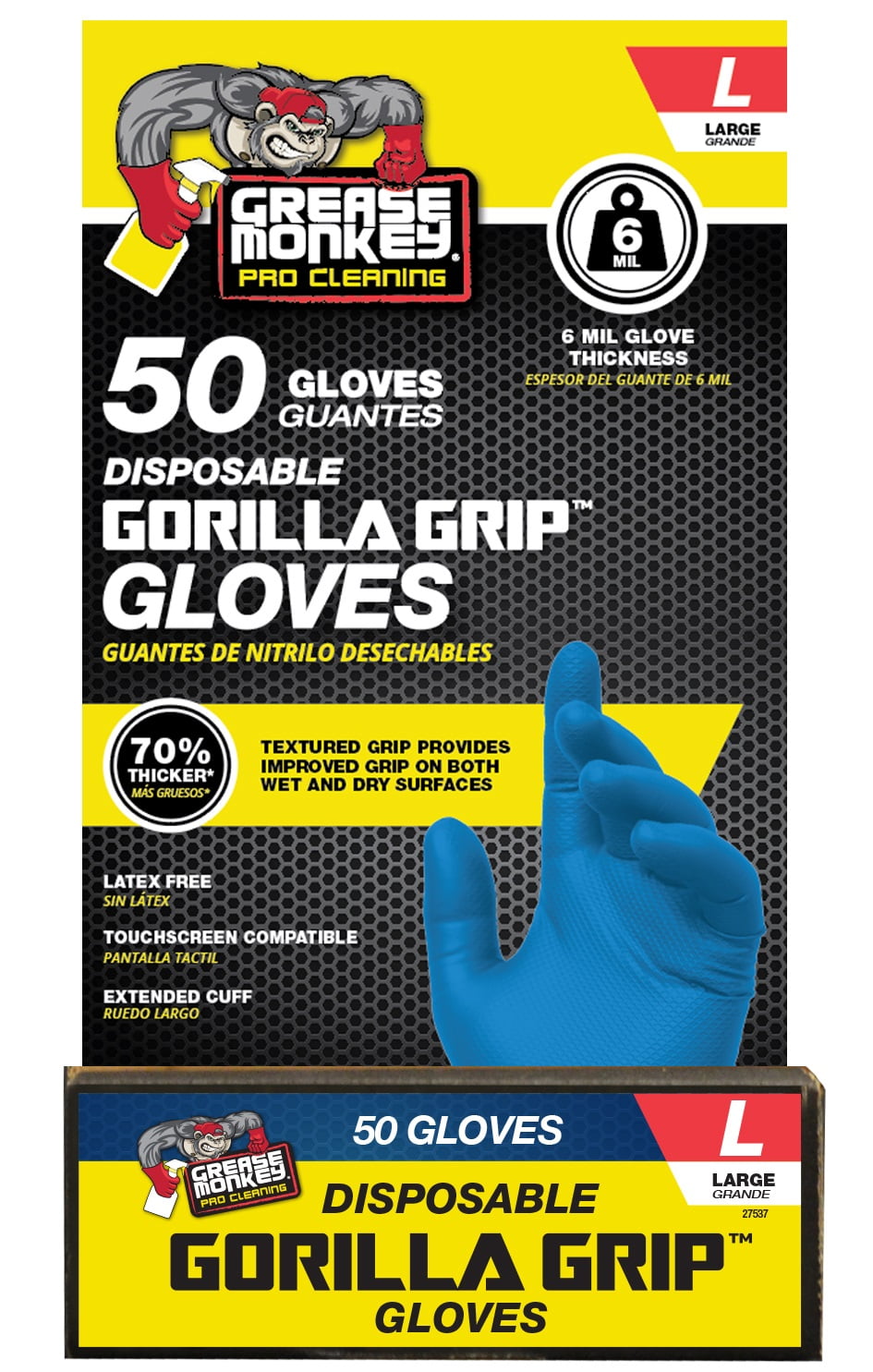 Grease Monkey Pro Cleaning, Disposable Nitrile Gloves, Blue, 50 Count Traction Grip, Male, Large