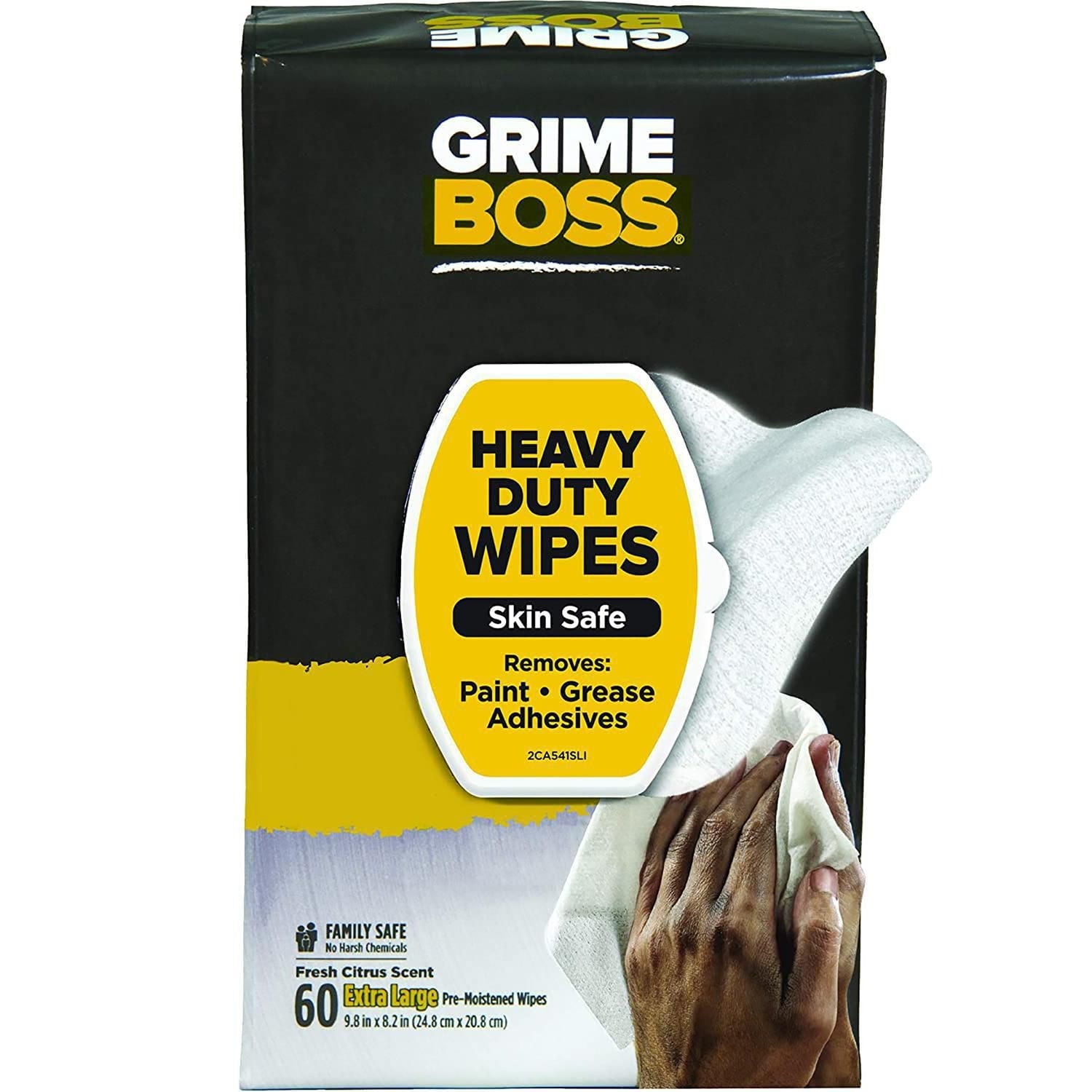 Grime Boss Heavy Duty Hand & Surface Wipes, Skin safe wet wipes, easily remove oil, grease and dirt, 60 pack