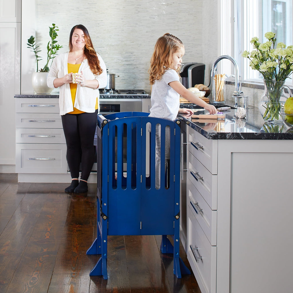 Guidecraft Contemporary Kitchen Helper® Stool - Royal Navy: Folding Toddler Safety Tower with 2 Keepers and Non-Slip Mat, Adjustable Height Step Stool for Little Helpers, Kids Learning Furniture
