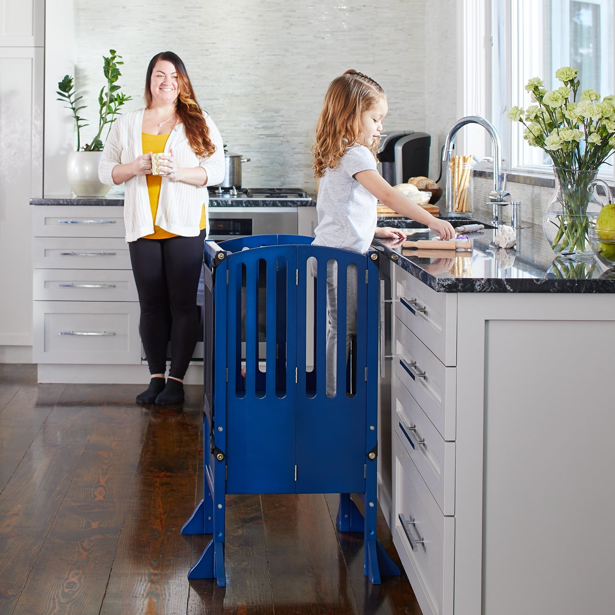 Guidecraft Contemporary Kitchen Helper® Stool - Royal Navy: Folding Toddler Safety Tower with 2 Keepers and Non-Slip Mat, Adjustable Height Step Stool for Little Helpers, Kids Learning Furniture