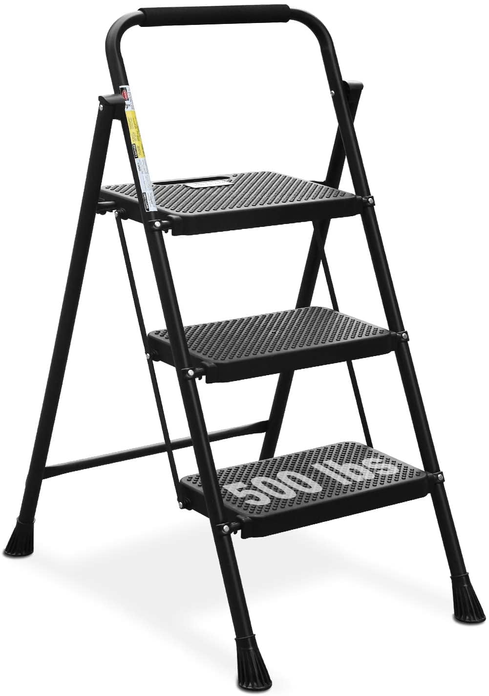 HBTower Folding 3-Step Stool Ladder, 500lbs, with Wide Anti-Slip Pedal and Steel Handgrip, Black