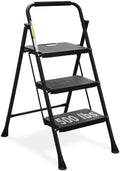 HBTower Folding 3-Step Stool Ladder, 500lbs, with Wide Anti-Slip Pedal and Steel Handgrip, Black