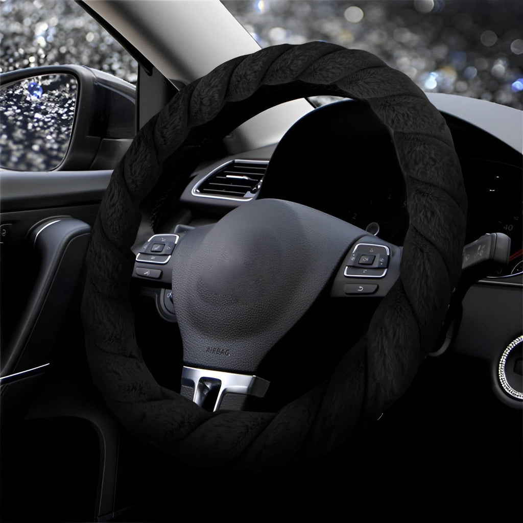 HCQXNSL Black Steering Wheel Cover Plush Steering Wheel Protector Soft Warm Car Covers Fashion Pure 38cm in Diameter for Men and Women