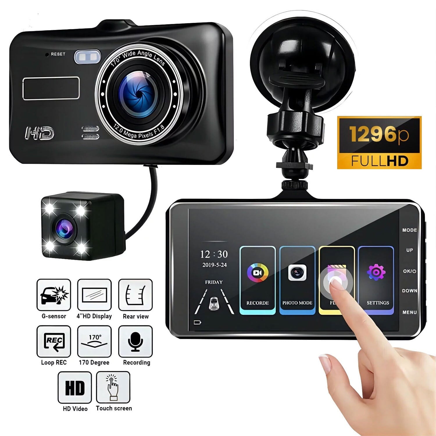Hanru 1296P HD Dash Cam Front and Rear Dual Dashcam, Dash Camera, 4-inch Touch Screen LCD Display Car Camera, Night Vision, Parking Mode, G-Sensor, Loop Recording, 170° Wide Angle DVR Recorder