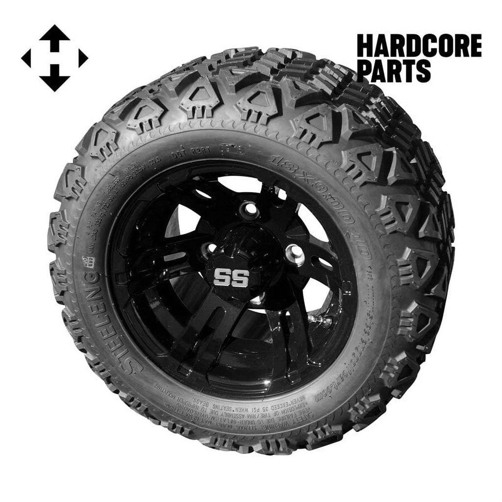 Hardcore Parts 10" Black 'BULLDOG' Golf Cart Wheels and 18"x9"-10" DOT rated All-Terrain tires - Set of 4, includes Black 'SS' center caps and 1/2x20 Black lug nuts